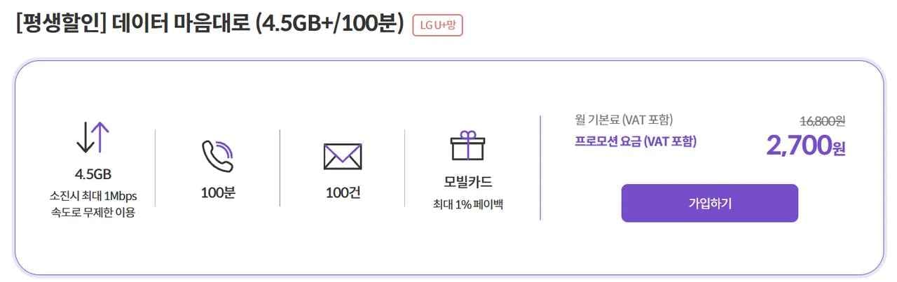 LGU+망 4.5GB+1Mbps 100분 100건 평생 월 요금제 (2,700원/무료)