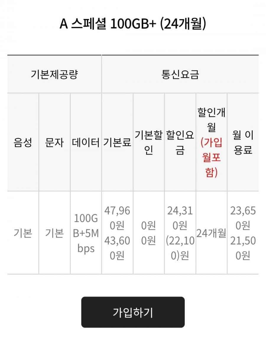 A 스페셜 100GB+ (24개월) +5Mbps 네이버페이 2만 제공