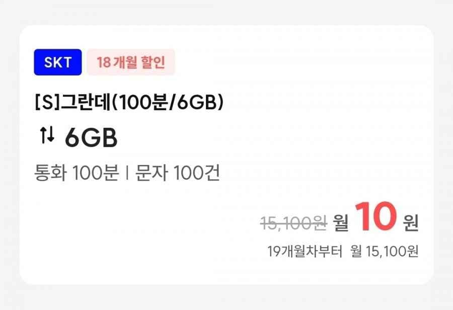 SKT망 통화 100분, 데이터 6GB 요금제 (18개월 할인)