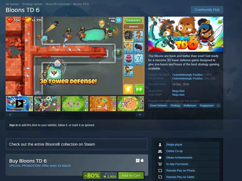 Bloons TD 6 / 풍선 타워 디펜스 6 / 풍타디6 (2,900원/무료)