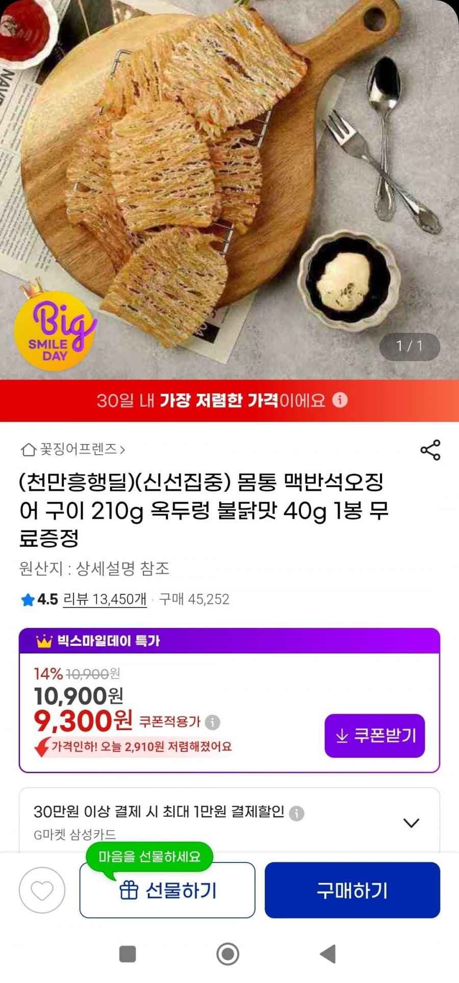 오징어 몸통 맥반석구이 210g+증정(9300원/무배)