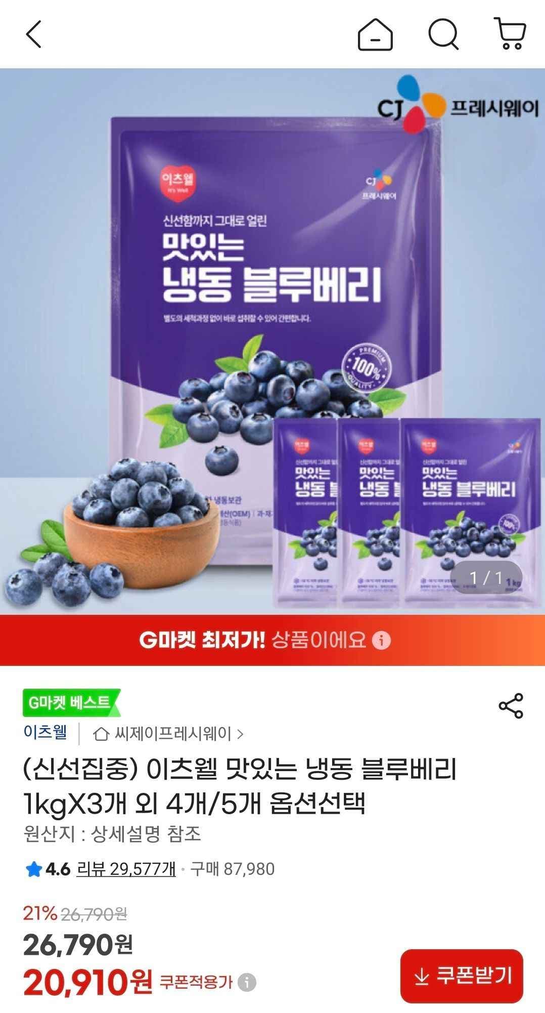 이츠웰 맛있는 냉동 블루베리 1kgX3개 (20,910원/무료)